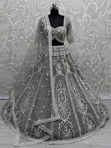 Magnificent Grey Pearl Work Net Engagement Wear Lehenga Choli - Ethnic Plus In